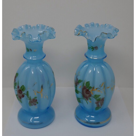 Fenton Melon Hand Painted Floral Blue Glass Vases Gold Trim - Picture 7 of 13